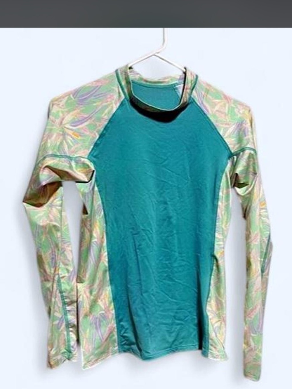 Patagonia Teal Rash Guard with Pastel Leaf Print Sleeves